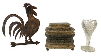 Iron Rooster Weathervane Topper, Octagonal Tea Caddy & Cut Glass Bouquet Vase - #S6-1
