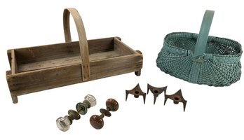 Wood Garden Trug, Gathering Basket, Doorknobs & Danish Candleholders - #S2-5