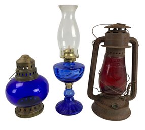 Vintage Dietz Lantern With Red Fitzall Globe, Cobalt Blue Oil Lamp & Lantern - #S14-2