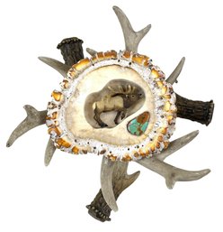 Signed Antler Rosette Belt Buckle Inset Turquoise / Elk Figure & Antler Display Stand - #GR