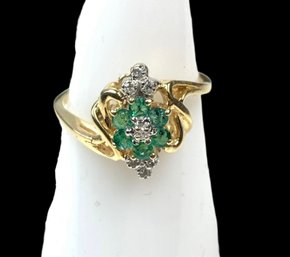 14K Yellow Gold Natural Emerald Diamond Floral Cluster Ring, Size 6.75 - #JC-B