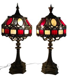 Gothic Revival Table Lamps With Stained Glass Shades (WORKS) - #S11-6