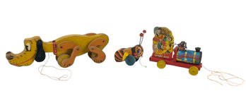 Vintage Wood Pull Toys: Disney Pluto, Donald Duck Choo Choo Train & Buzzy Bee - #S10-2