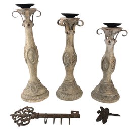 Trio Of Candleholders, Cast Iron Wall Mount Dragonfly & Key Wall Hook - #S10-4