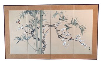 Chinese 4-Panel Silk Screen With Birds & Bamboo - #SW-3