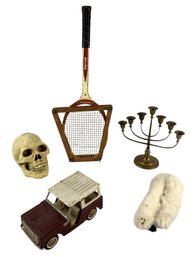 Skull Coin Bank, Brass Menorah, Buddy L Truck, White Mink Stole & Spalding Tennis Racket - #S17-3