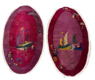 Vintage Art Deco Chinese Junk Ship Hand Woven Wool Oval Area Rugs (Set Of 2) - #S24-2