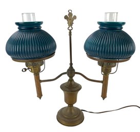 Vintage Brass Double Arm Student Desk Lamp With Ribbed Green Milk Glass Shades - #S10-1