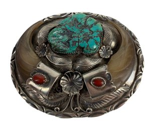 Vintage Sterling Silver Turquoise Coral Navajo Belt Buckle, Signed - #GR
