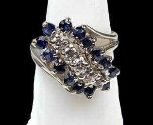 14K White Plumb Gold Sapphire Natural Diamond Waterfall Ring, Size 6.75 - #JC-B