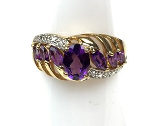 10K Yellow Gold Natural Amethyst Diamond Cocktail Ring, Size 7 - #JC-B