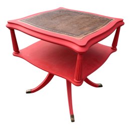 Vintage Red Painted Leather Top 2-Tier Side Table - #FF