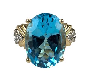 14K Yellow Gold Blue Topaz Diamond Ring (Size 9.5) - #JC-B