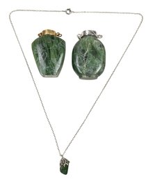 Chinese Carved Nephrite Jade Snuff Bottles & Sterling Silver Pendant Necklace - #JC-L