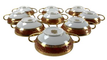 Porcelain Bouillon Cups With Gilt Red Border (Set Of 9) - #S3-2
