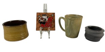 Pottery: Signed Vance Kitira Contour Mug & Studio Pottery Jars, Christine Fitzgerald Tile - #S18-3