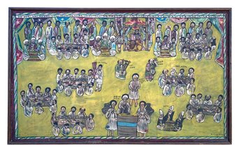 Ethiopian Coptic Banquet Scene Oil Painting, Signed - #SW-1