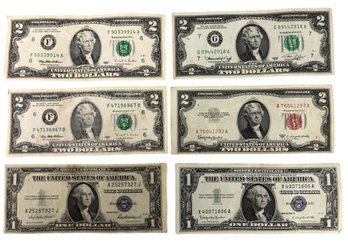 1935F & 1957B One Dollar Silver Certificates & United States $2 Bills (1953C, 1976, 1995) - #FS-8