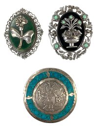 Mexican Sterling Silver Brooches With Turquoise & Green Stones - #JC-B