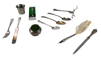 Victorian Pin Cushion, Feather Quill Pen, Silver Plate Flatware & Pewter Shot Glass - #S9-3