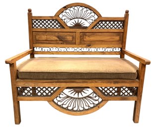 Indoor / Outdoor Carved Wood & Iron Bench With Cushion - #BR
