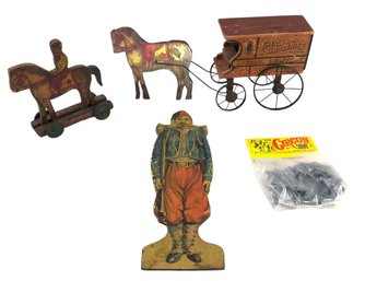 Vintage Wooden Horse Drawn Toy Wagon, Horse Pull Toy, Cut-Out German Soldier - #S16-5
