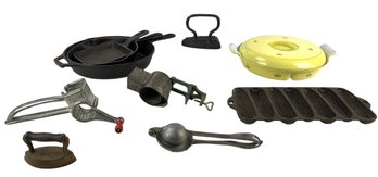 Vintage Cast Iron Cookware, Dru Holland Lidded Dutch Oven, Sad Irons & Kitchen Tools - #S17-2