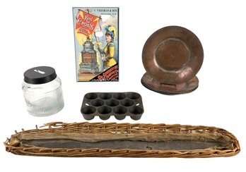 Cast Iron Muffin Pan, French Baguette Basket, Tinned Copper Plates, Red Cross Sign & More - #S17-2