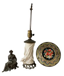 Spelter Metal Mantel Clock Topper, Embossed Dutch Cookie Tin & Morton Pottery Table Lamp - #S10-1