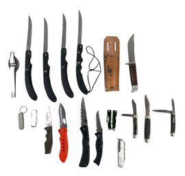 Vintage West Cut USA Hunting Knife With Sheath, Collection Of Folding Knives & More - #S13-2