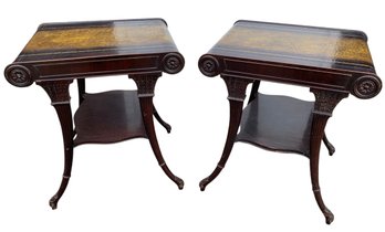 Regency Style Leather Top Side Tables With Ornately Carved Legs - #FF