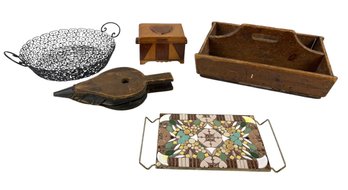 Antique Fireplace Bellows, Primitive Cutlery Box, Mosaic Tile Tray - # S2-4