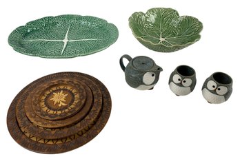 Bordallo Pinheiro Cabbage Platter & Bowl, Kotobuki Owl Tea Set & Carved Wood Plates - #S14-3