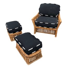 Rattan/Bamboo Armchair & Ottoman Set With Cushions - #BR