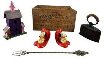 Antique Coal Iron, Hercules Powder Explozive Wood Crate, Snoopy Bookends & More - #S11-1