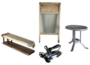 Vintage Milking Stool, National Glass Wash Board, Antique Ironing Board & Iron - #S24-1