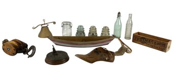 Boston & Lockport Block Co. Pulley, Antique Bottles, Hanging Iron Bell, Wood Shoe Form & More - #S17-3