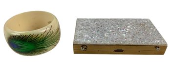 Vintage Peacock Feather Bangle Bracelet & Makeup Compact /Cigarette Case - #FS-5