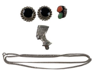 Sterling Silver: Onyx Taxco Mexico Clip-On Earrings, Nefertiti Money Clip, Chain & Ring - #JC-R