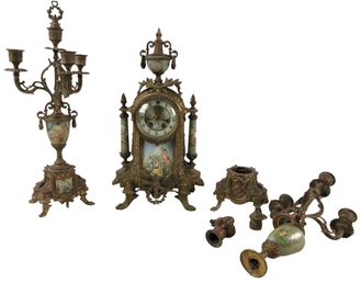 Wm. L. Gilbert Clock Co. Gilded Metal & Porcelain Mantel Clock & Candelabras - #S15-3