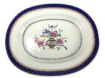 19th Century Chinese Export Cobalt Rimmed Oval Dish, Hand Painted Floral Bouquet - #S10-3