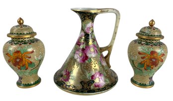 Chinese Zi Jin Cheng Cloisonne Ginger Jars & Nippon Hand Painted Gilt Ewer - #S6-2