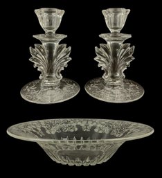 Fostoria Baroque Etched Glass Candleholders & Martinsville Florentine Etched Bowl - #S4-2