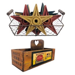 Cast Iron Barn Stars, Egg Basket & Defy The World Tomatoes Wood Crate - #S17-1