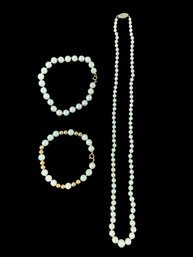 Pearl & 14K Yellow Gold Bracelets & Single Strand Pearl & White Gold Necklace - #JC-B