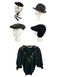 Vintage Sweater With Genuine Feather Collar, Antique Fascinator & Vintage Hats - #S11-3
