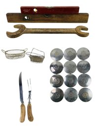 Antique Stanley Levels, Fairmount Wrench, Volkswagon Hub Caps, Stag Horn Carving Set - #S10-1