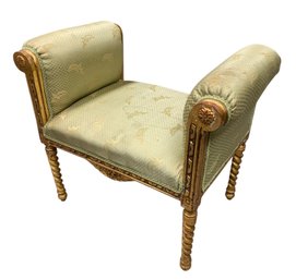Vintage Gilded French-Style Window Bench With Green & Gold Upholstery - #BR