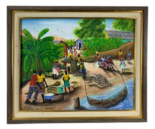 Haitian Fishing Village Folk Art Oil Painting, Signed Lafontant - #C2