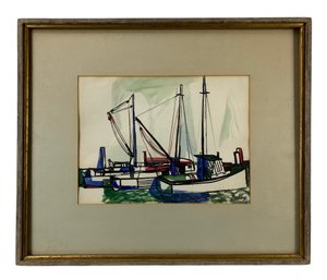 Carl Ashby (American, 1914-2004) Signed Boat Harbor Watercolor Painting - #B4